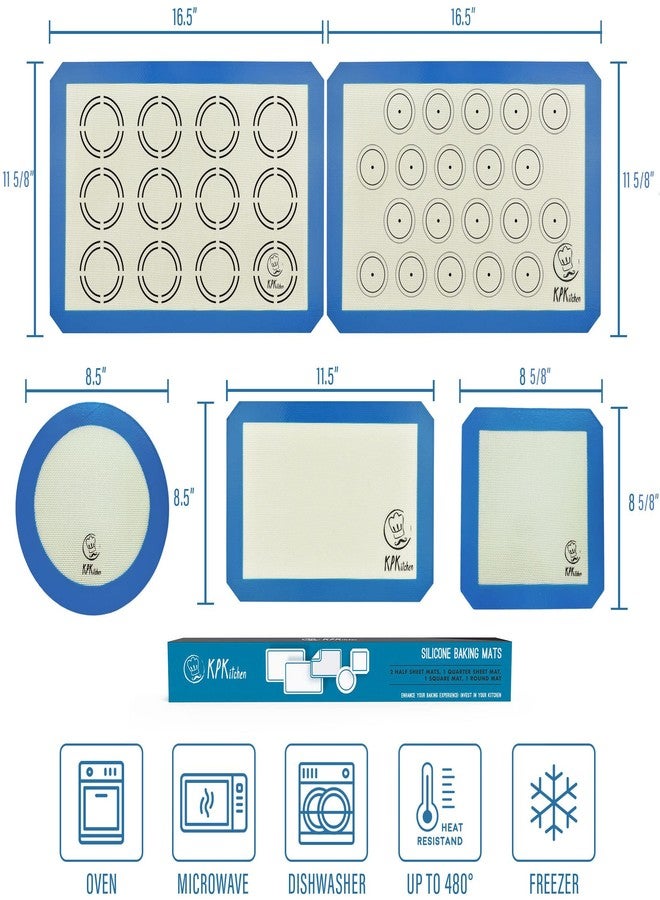 KPKitchen Silicone Baking Mat Set of 5-2 Half Sheets (Macaron & Cookie Circle On Mat) + 1 Quarter + 1 Round & 1 Square Size Silicone Baking Sheet - Nonstick & Easy to Clean - 100% Silicone Mats for Baking - Image 3